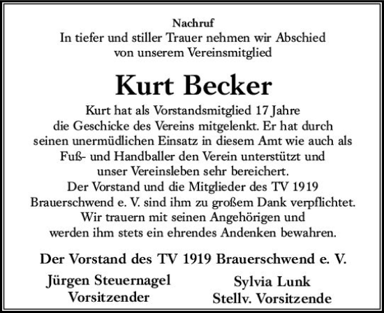 Traueranzeige von Kurt Becker von VRM Trauer