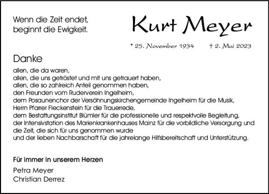 Traueranzeige von Kurt Meyer von Allgemeine Zeitung Bingen/Ingelheim