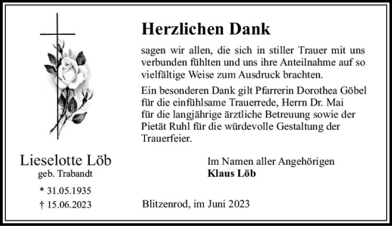 Traueranzeige von Lieselotte Löb von VRM Trauer