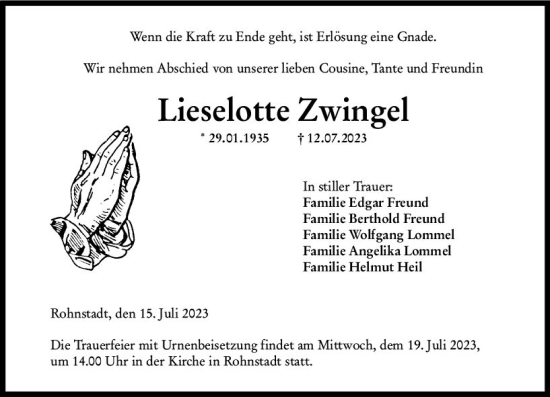 Traueranzeige von Lieselotte Zwingel von Weilburger Tageblatt