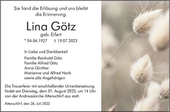 Traueranzeige von Lina Götz von VRM Trauer