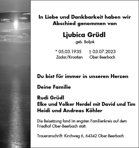 Traueranzeige von Ljubica Grüdl von Darmstädter Echo