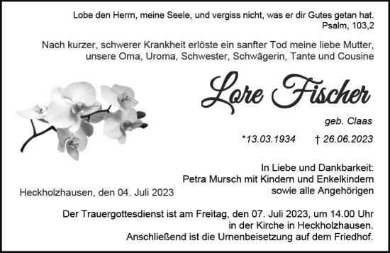 Traueranzeige von Lore Fischer von Weilburger Tageblatt