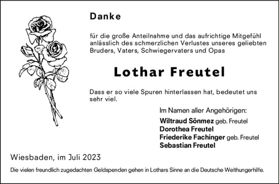 Traueranzeige von Lothar Freutel von Wiesbadener Kurier