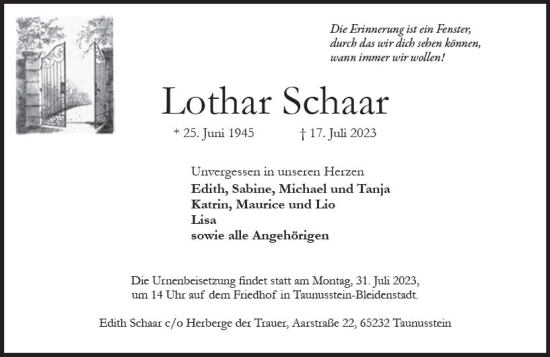 Traueranzeige von Lothar Schaar von Wiesbadener Kurier