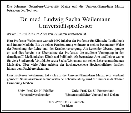 Traueranzeige von Ludwig Sacha Weilemann von Allgemeine Zeitung Mainz