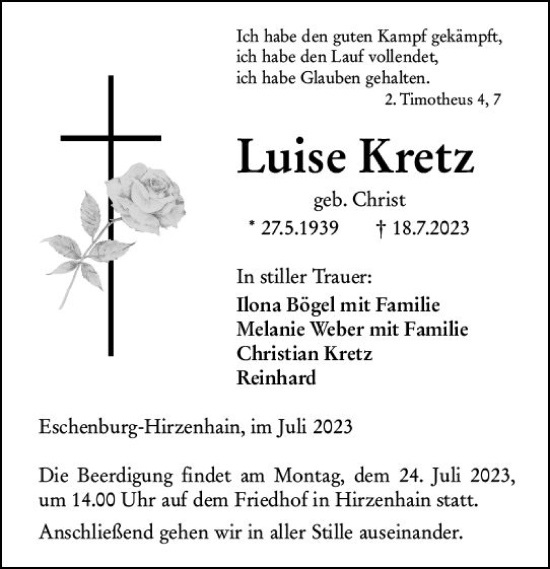 Traueranzeige von Luise Kretz von Hinterländer Anzeiger