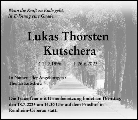 Traueranzeige von Lukas Thorsten Kutschera von Darmstädter Echo