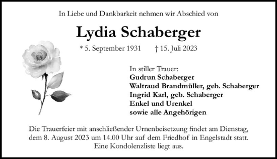 Traueranzeige von Lydia Schaberger von Allgemeine Zeitung Mainz