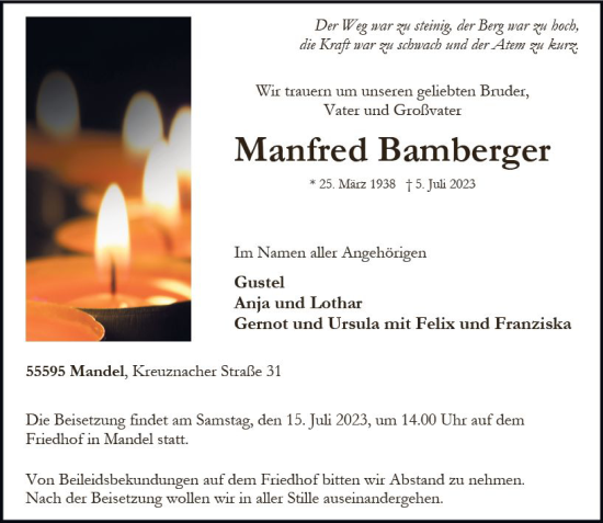 Traueranzeige von Manfred Bamberger von Allgemeine Zeitung Bad Kreuznach