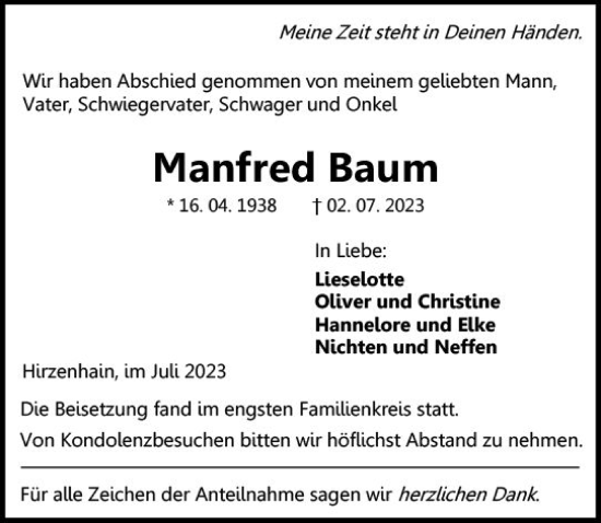 Traueranzeige von Manfred Baum von Dill Block