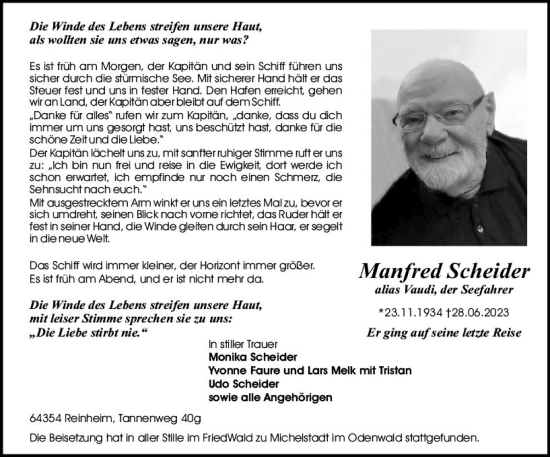 Traueranzeige von Manfred Scheider von Darmstädter Echo