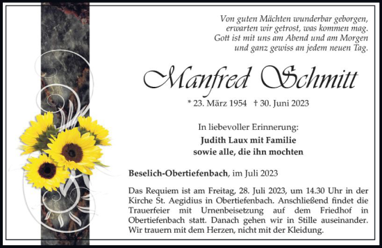 Traueranzeige von Manfred Schmitt von Nassauische Neue Presse