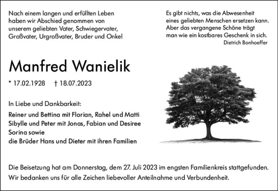 Traueranzeige von Manfred Wanielik von Wetzlarer Neue Zeitung