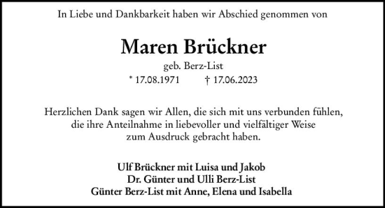 Traueranzeige von Maren Brückner von Wiesbadener Kurier