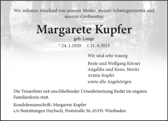 Traueranzeige von Margarete Kupfer von Wiesbadener Kurier