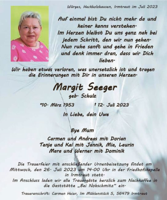 Traueranzeige von Margit Seeger von Camberger Anzeiger
