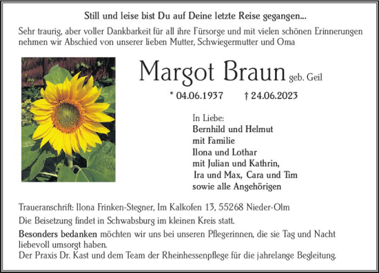 Traueranzeige von Margot Braun von Allgemeine Zeitung Mainz