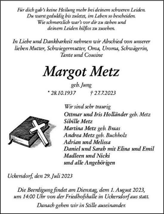 Traueranzeige von Margot Metz von Dill Block