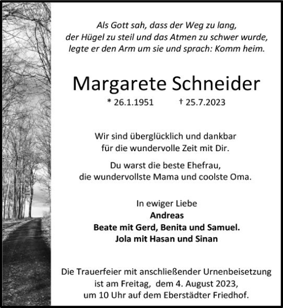 Traueranzeige von Margrete Schneider von Darmstädter Echo