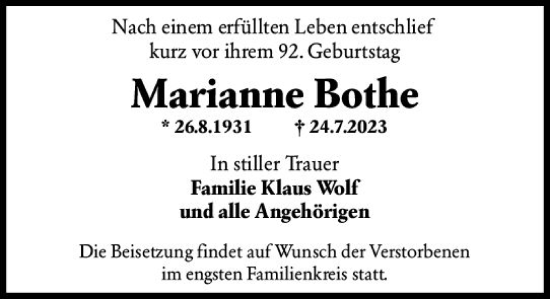 Traueranzeige von Marianne Bothe von Wiesbadener Kurier