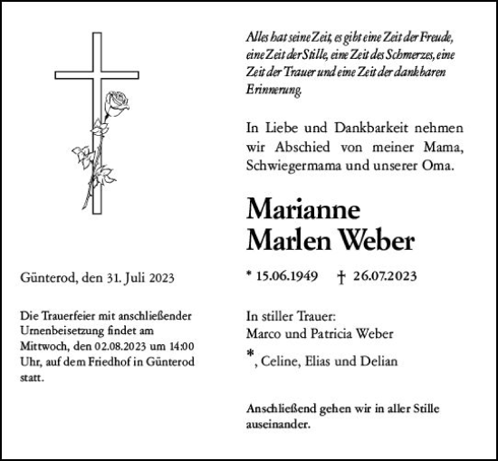 Traueranzeige von Marianne Marlen Weber von Dill Block