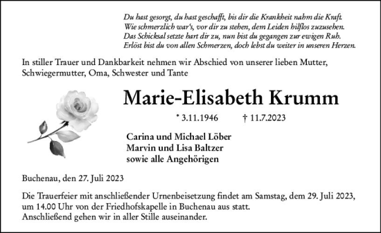 Traueranzeige von Marie-Elisabeth Krumm von Hinterländer Anzeiger