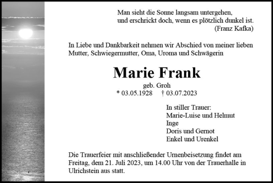 Traueranzeige von Marie Frank von VRM Trauer