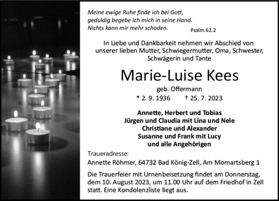 Traueranzeige von Marie-Luise Kees von Odenwälder Echo