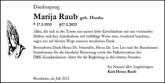 Traueranzeige von Marija Raub von Allgemeine Zeitung Alzey