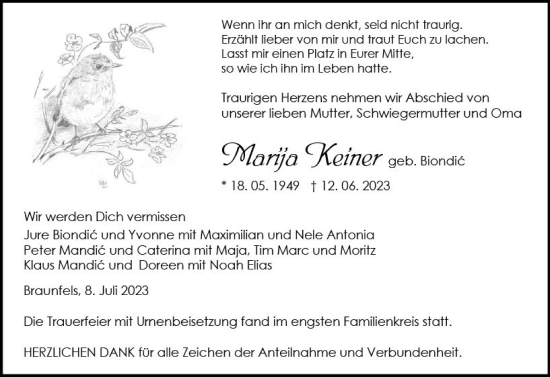 Traueranzeige von Marijja Keiner von Wetzlarer Neue Zeitung