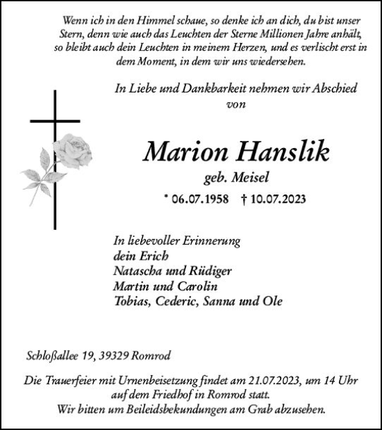 Traueranzeige von Marion Hanslik von VRM Trauer
