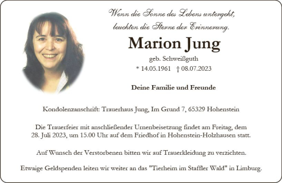 Traueranzeige von Marion Jung von Wiesbadener Kurier
