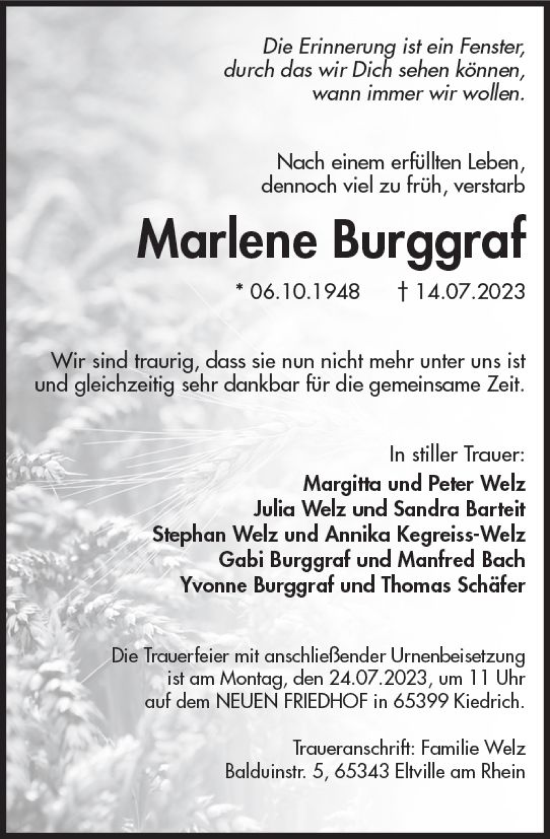 Traueranzeige von Marlene Burggraf von Rheingau Kurier