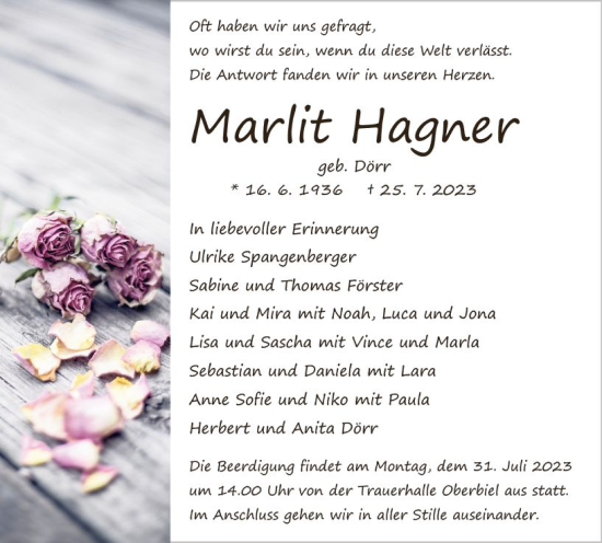 Traueranzeige von Marlit Hagner von Wetzlarer Neue Zeitung