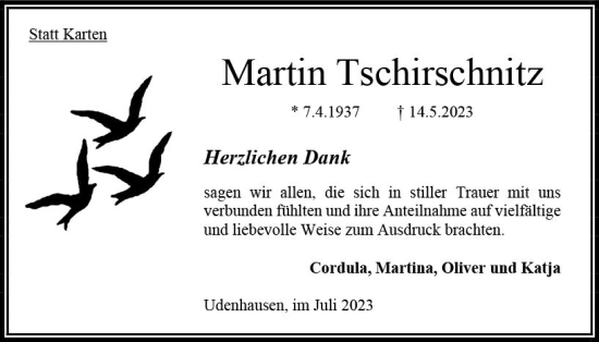 Traueranzeige von Martin Tschirschnitz von Oberhessen Kurier