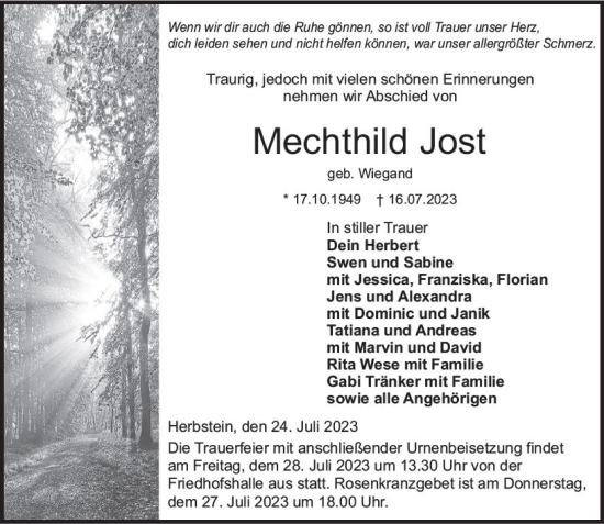 Traueranzeige von Mechthild Jost von VRM Trauer