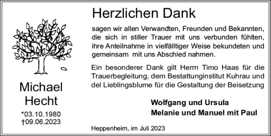 Traueranzeige von Michael Hecht von Starkenburger Echo