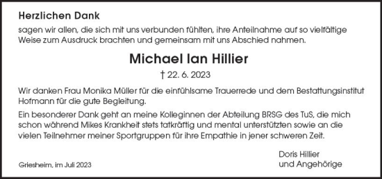 Traueranzeige von Michael lan Hillier von Darmstädter Echo