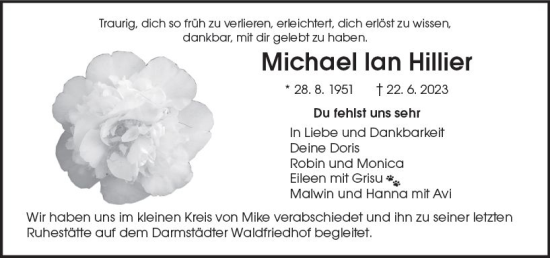 Traueranzeige von Michael lan Hillier von Darmstädter Echo