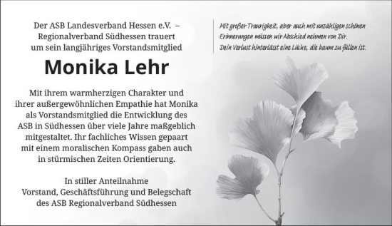 Traueranzeige von Monika Lehr von Darmstädter Echo