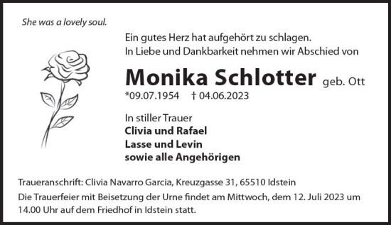 Traueranzeige von Monika Schlotter von Idsteiner Land/Untertaunus