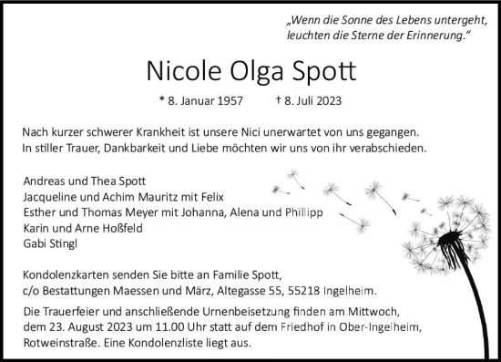 Traueranzeige von Nicole Olga Spott von Allgemeine Zeitung Bingen/Ingelheim
