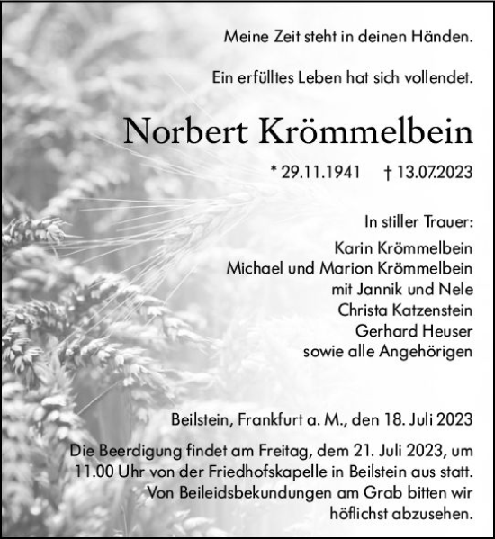 Traueranzeige von Norbert Krömmelbein von Dill Block
