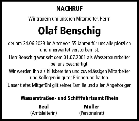 Traueranzeige von Olaf Benschig von Allgemeine Zeitung Bingen/Ingelheim