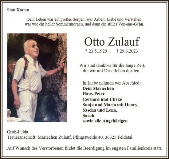 Traueranzeige von Otto Zulauf von VRM Trauer