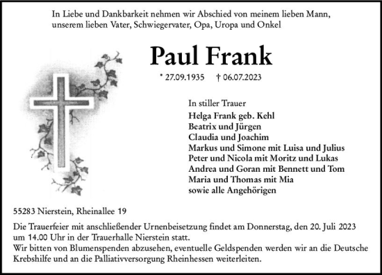 Traueranzeige von Paul Frank von Allgemeine Zeitung Mainz