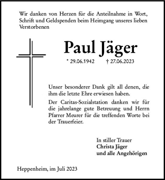 Traueranzeige von Paul Jäger von Starkenburger Echo