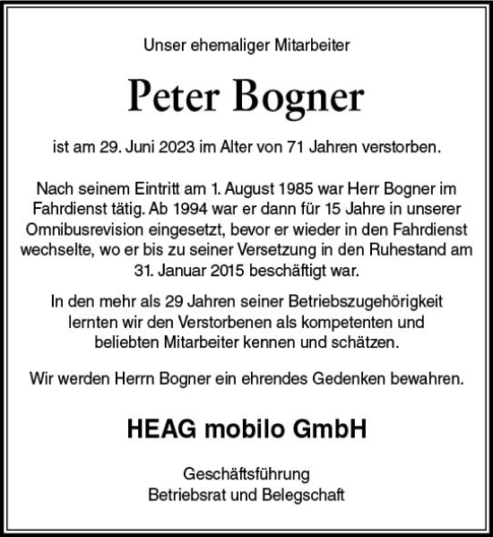 Traueranzeige von Peter Bogner von Darmstädter Echo