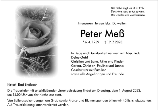 Traueranzeige von Peter Meß von VRM Trauer